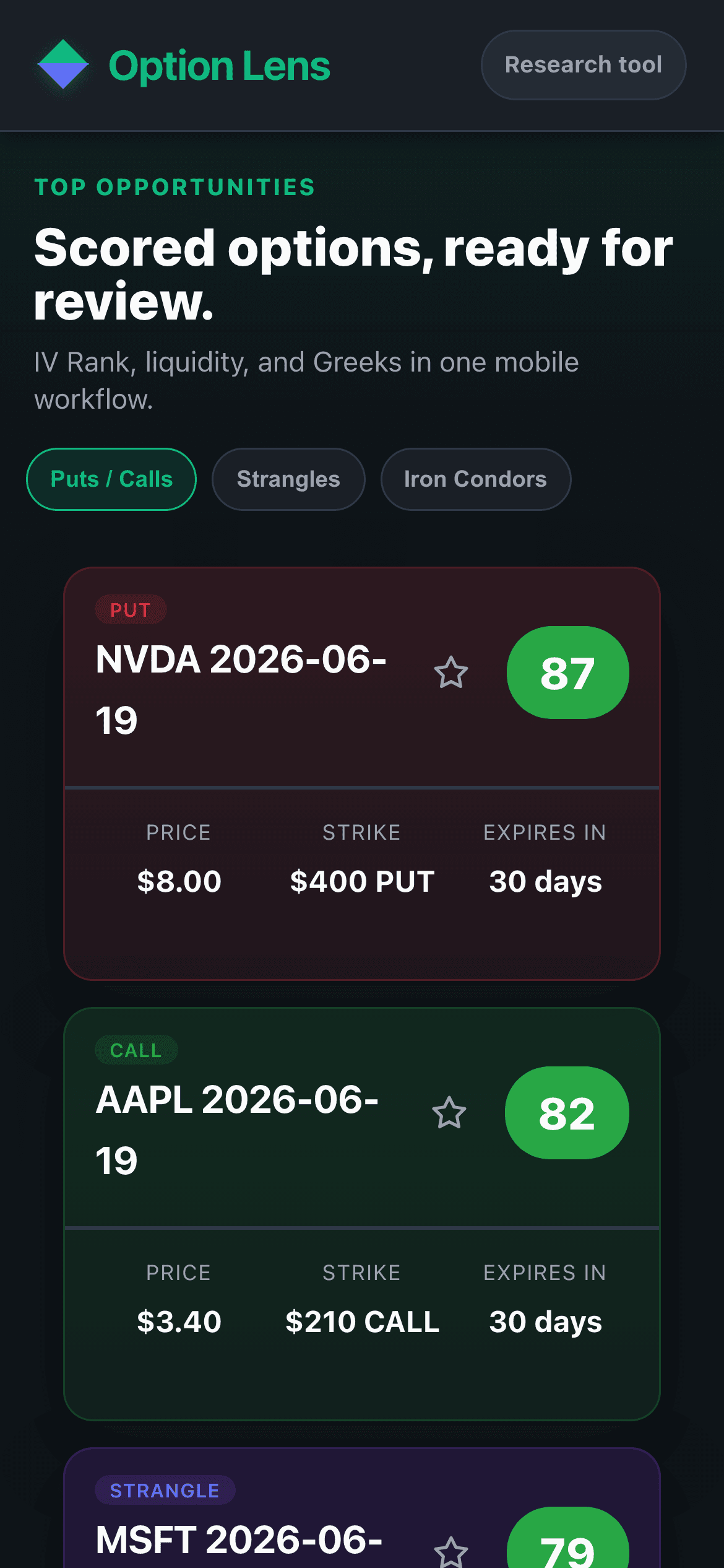 Option Lens app dashboard preview